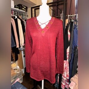 Long Sleeve Lace-Up Grommet Top in Burgundy
